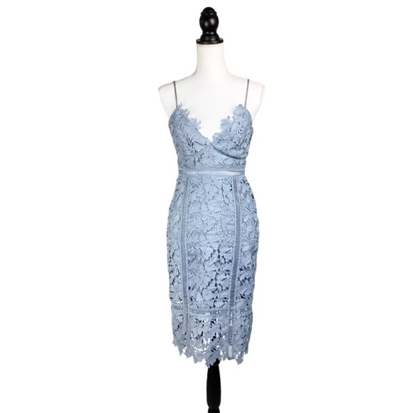 Bardot Botanical Lace Dress in Dusty Blue - Picture 2 of 15